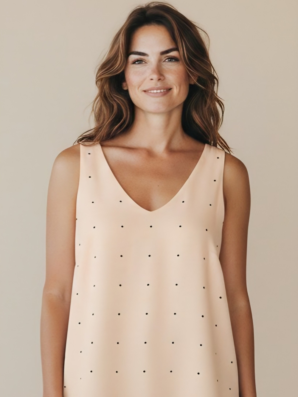 Ann Taylor Sleeveless V-Neck Cream With Black Polka Dot Blouse
